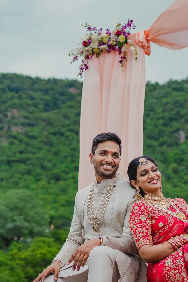 Indian engagement couple before green hills